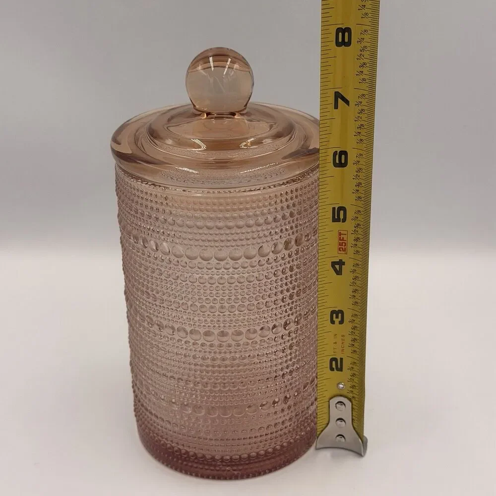 Pink Beaded Hobnail Glass Canister Jar w Lid Apothecary Vanity Bubble 8”